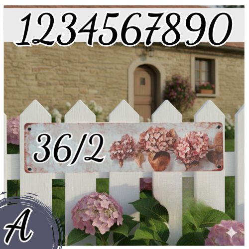 Vintage Hortenzia házszámtábla – Romantikus falusias fém tábla egyedi számmal
