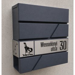   Antracit-Ezüst Design Postaláda – Lézervágott utcanévvel, házszámmal, kismadár dekor