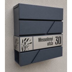   Antracit-Ezüst Design Postaláda – Lézervágott utcanévvel, házszámmal, nádas dekorral