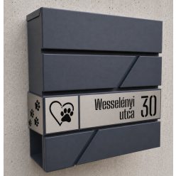   Antracit-Ezüst Design Postaláda – Lézervágott utcanévvel, házszámmal, tappancs-szív dekor