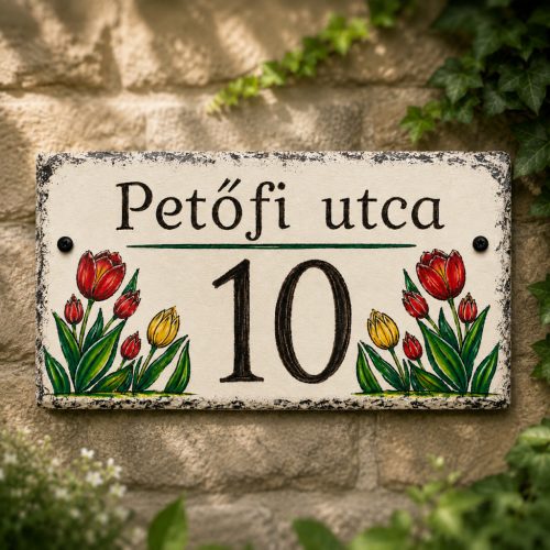 Kézzel festett tulipános palakő házszámtábla 