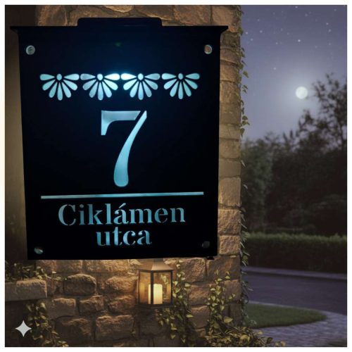 világító házszámtábla virággal